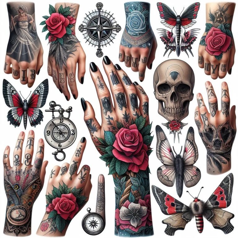 A collage of colorful tattoos on various parts of people's bodies.