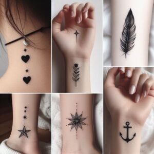 A collage of six different small, black tattoos on various parts of the body.