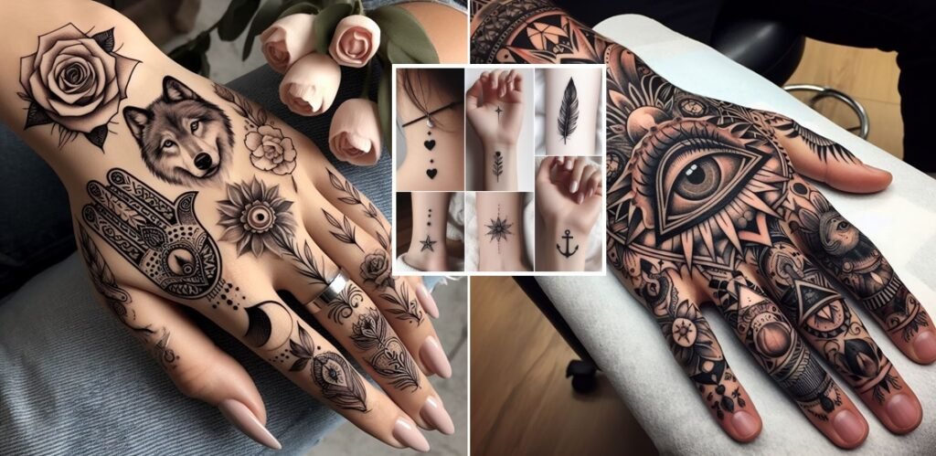 A variety of hand tattoos for men and hand tattoos for women on hand