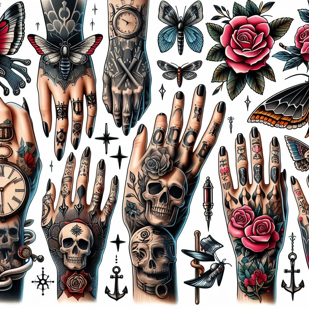 Close-up collage of diverse hand tattoos in a variety of styles and colors. Designs include a delicate floral motif, bold geometric shapes, a realistic butterfly, and a detailed vintage clock