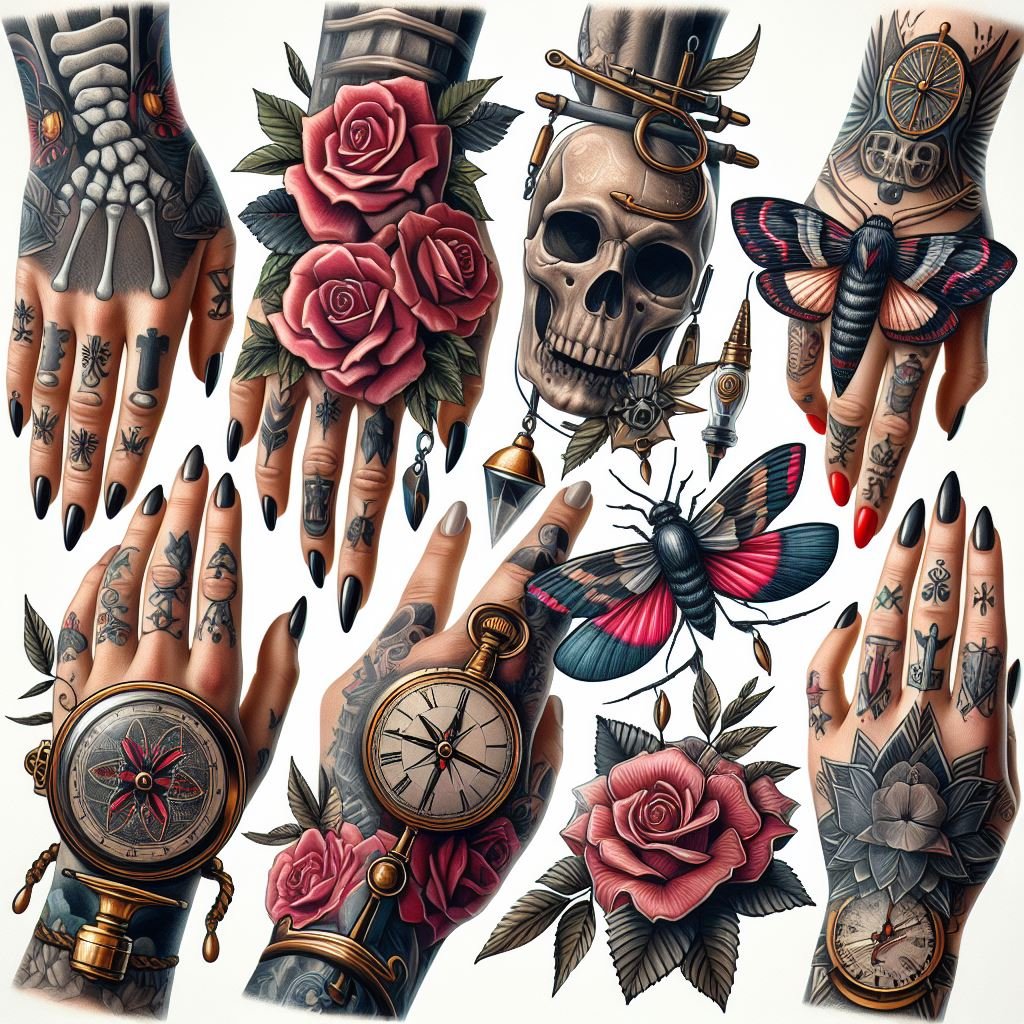 A close-up photo of a woman's hand with a variety of colorful tattoos in different styles. The tattoos include a floral design, geometric shapes, and a line drawing of a bird