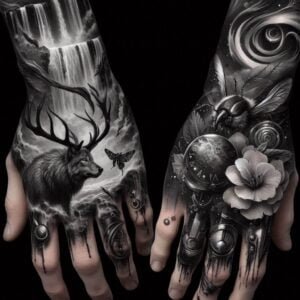 The image depicts two hands adorned with intricate black and grey tattoos