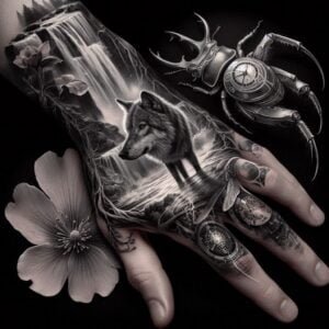 Here’s a detailed description of the captivating black and grey tattoo depicted in the image:Wolf and Nature Scene Floral Elegance and Mechanical Elements Harmony Between Nature and Machine