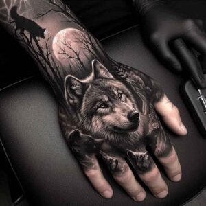 Hand tattoo ideas Wolf with legs fingers