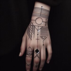 A hand with a geometric tattoo on the palm