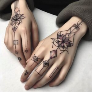 The image you uploaded depicts two hands adorned with intricate geometric and floral tattoos