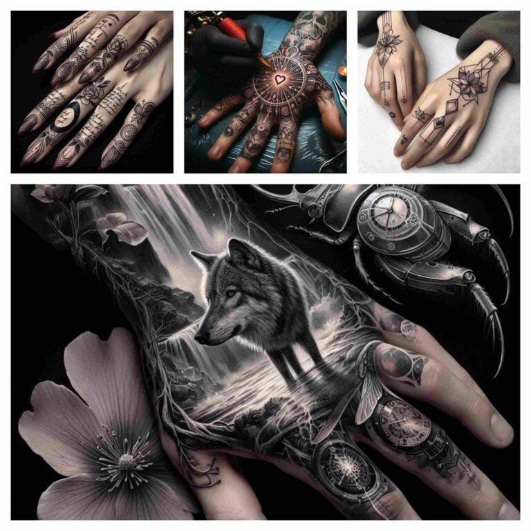 Close-up photo of a various hand tattoos with in different styles