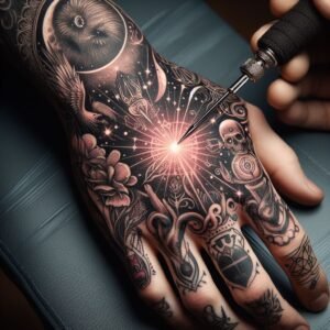 A detailed tattoo on a person’s hand featuring various elements including a skull, flowers, and celestial designs, being illuminated by the tattoo artist’s tool.