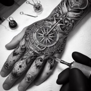 A black and white image of a detailed geometric tattoo on a hand.