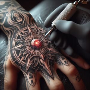 Artist applying intricate tattoo design on hand with a tattoo machine, highlighting detailed artwork.