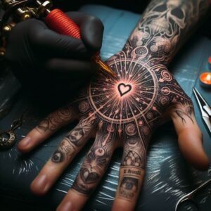 Man getting a heart tattoo on his hand