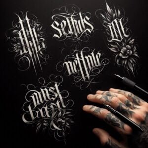 hand tattoos crafting gothic calligraphy and floral artistry.